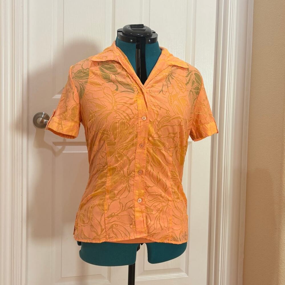 Women's Size M Peach Coral Button Down Set w/ Sheer Floral Windows